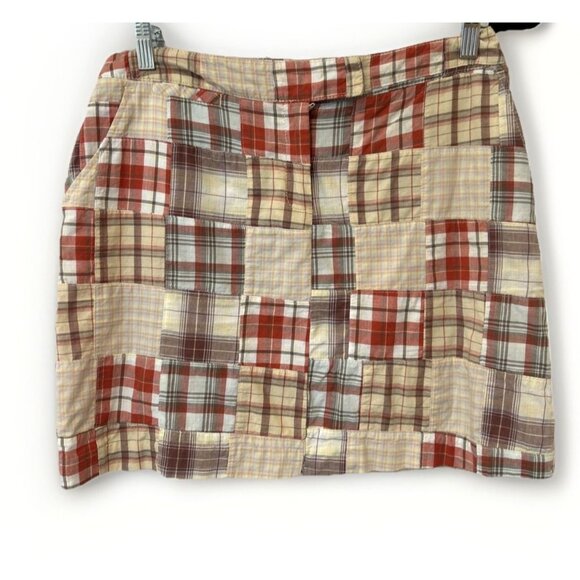 Patchwork‎ Plaid Mini Skirt Tan Brown Red Cottagecore Casual Cute - Picture 1 of 9